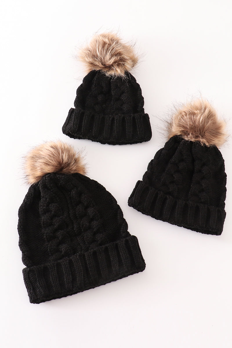 Black pompom cable beanie hat - Cloudling Kids Clothing