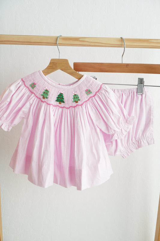 Pink christmas tree hand smocked bloomer set