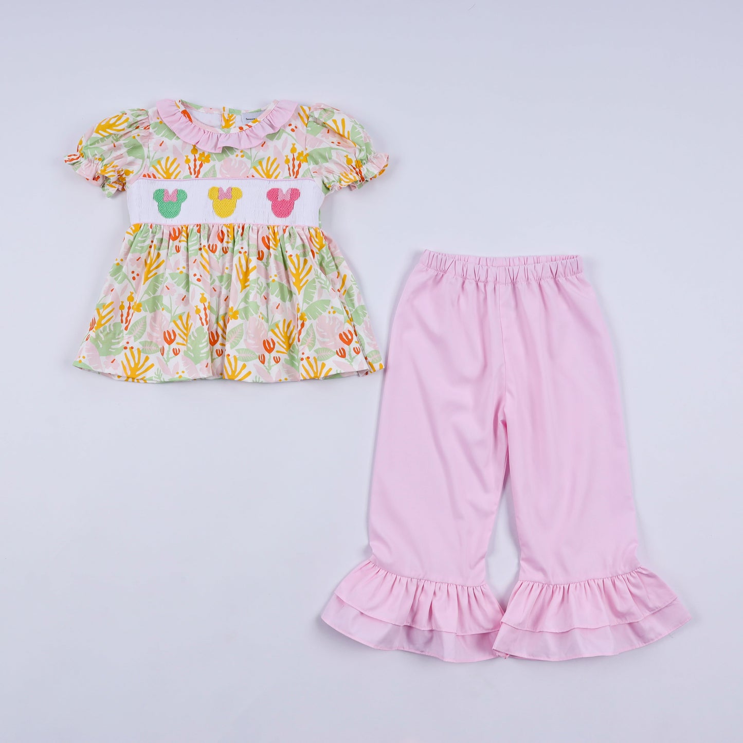 Sweet island character hand smocked ruffle pants set