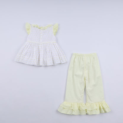Mustard character hand smocked ruffle pants set
