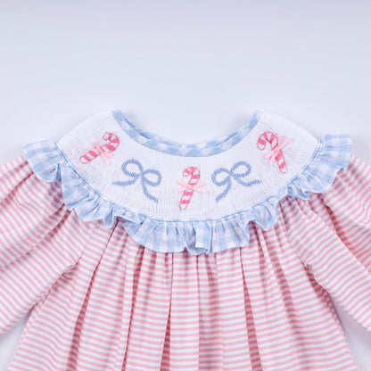 Pink candy cane bow hand smocked ruffle dress