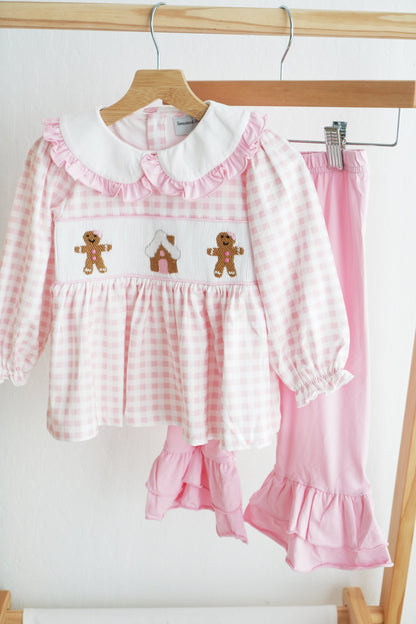 Pink gingerbread hand smocked gingham ruffle pants set