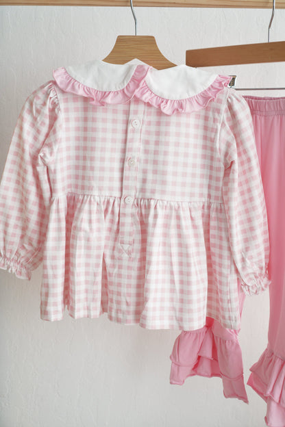 Pink gingerbread hand smocked gingham ruffle pants set