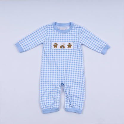 Blue gingerbread hand smocked gingham romper