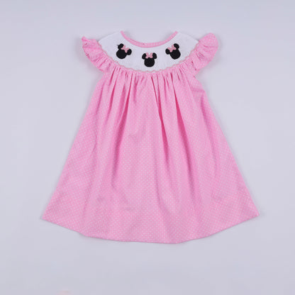 Pink character hand smocked dot ruffle dress