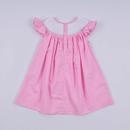 Pink character hand smocked dot ruffle dress