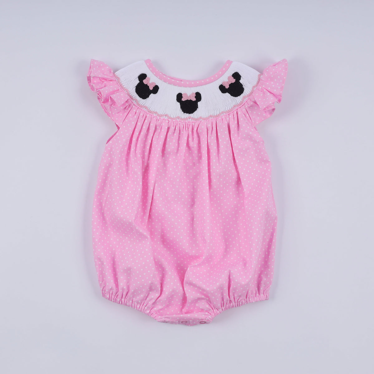 Pink character hand smocked dot ruffle bubble - Cloudling Kids Clothing