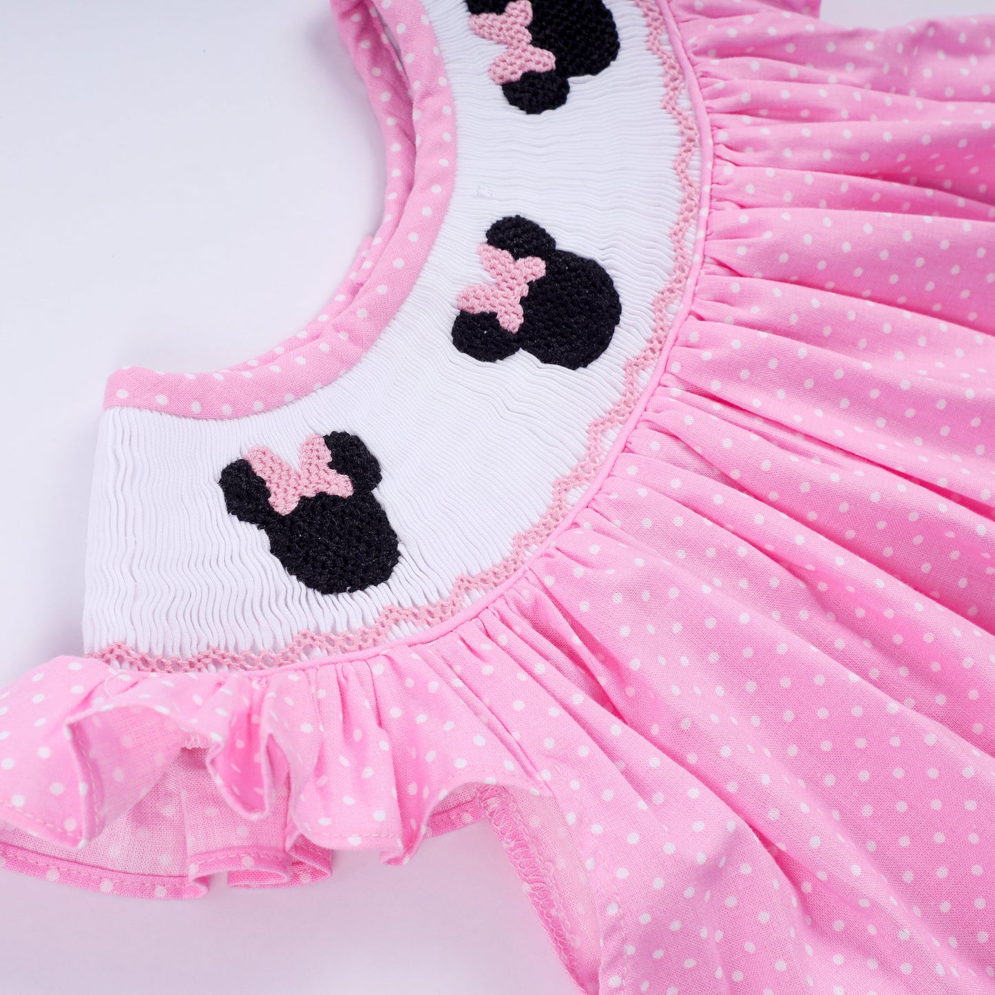 Pink character hand smocked dot ruffle bloomer set