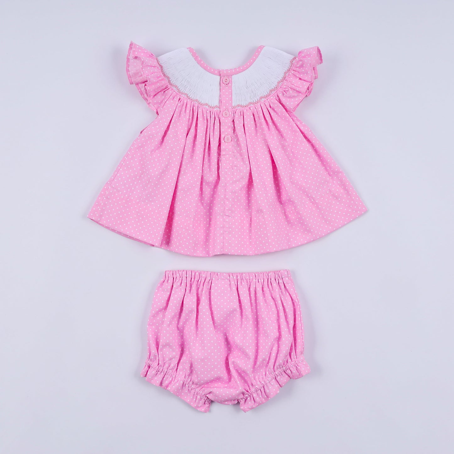 Pink character hand smocked dot ruffle bloomer set