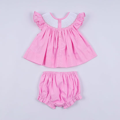 Pink character hand smocked dot ruffle bloomer set