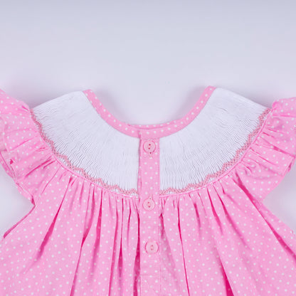 Pink character hand smocked dot ruffle bloomer set