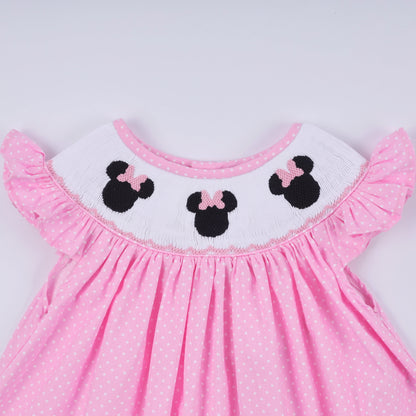 Pink character hand smocked dot ruffle pants set