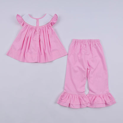 Pink character hand smocked dot ruffle pants set