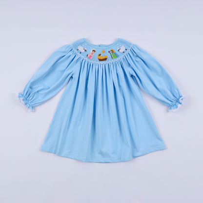 Blue nativity hand smocked dress