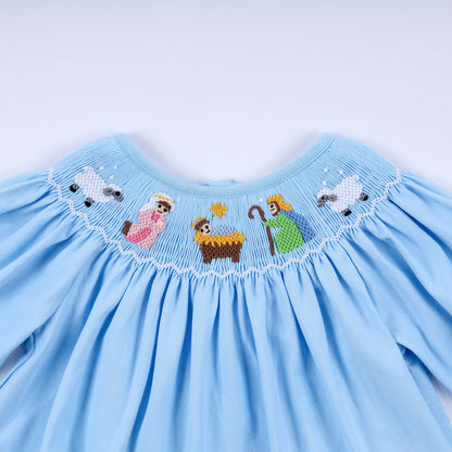 Blue nativity hand smocked bloomer set
