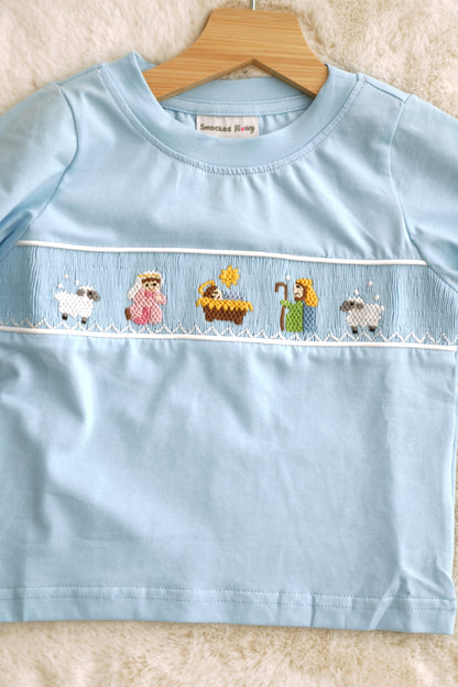 Blue nativity hand smocked pants set