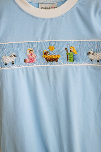 Blue nativity hand smocked romper
