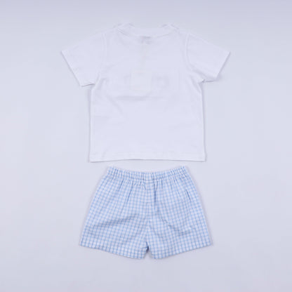Blue character hand smocked gingham shorts set