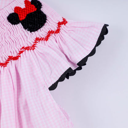 Red character hand smocked plaid ruffle bubble