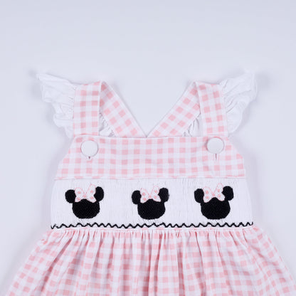 Pink character hand smocked gingham ruffle dress