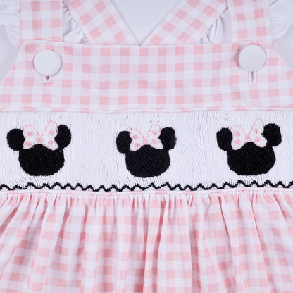 Pink character hand smocked gingham ruffle dress