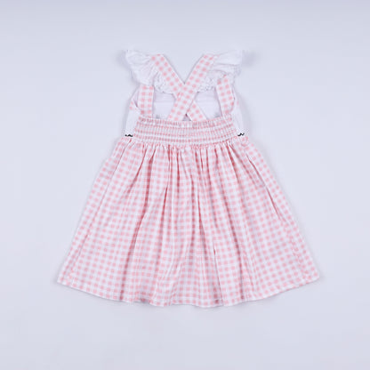 Pink character hand smocked gingham ruffle dress