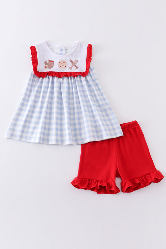 Blue plaid baseball embroidery girl set - Cloudling Kids Clothing