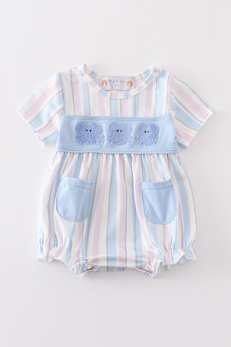 Girls' striped bubble with French knot crab embroidery by Cloudling Kids.