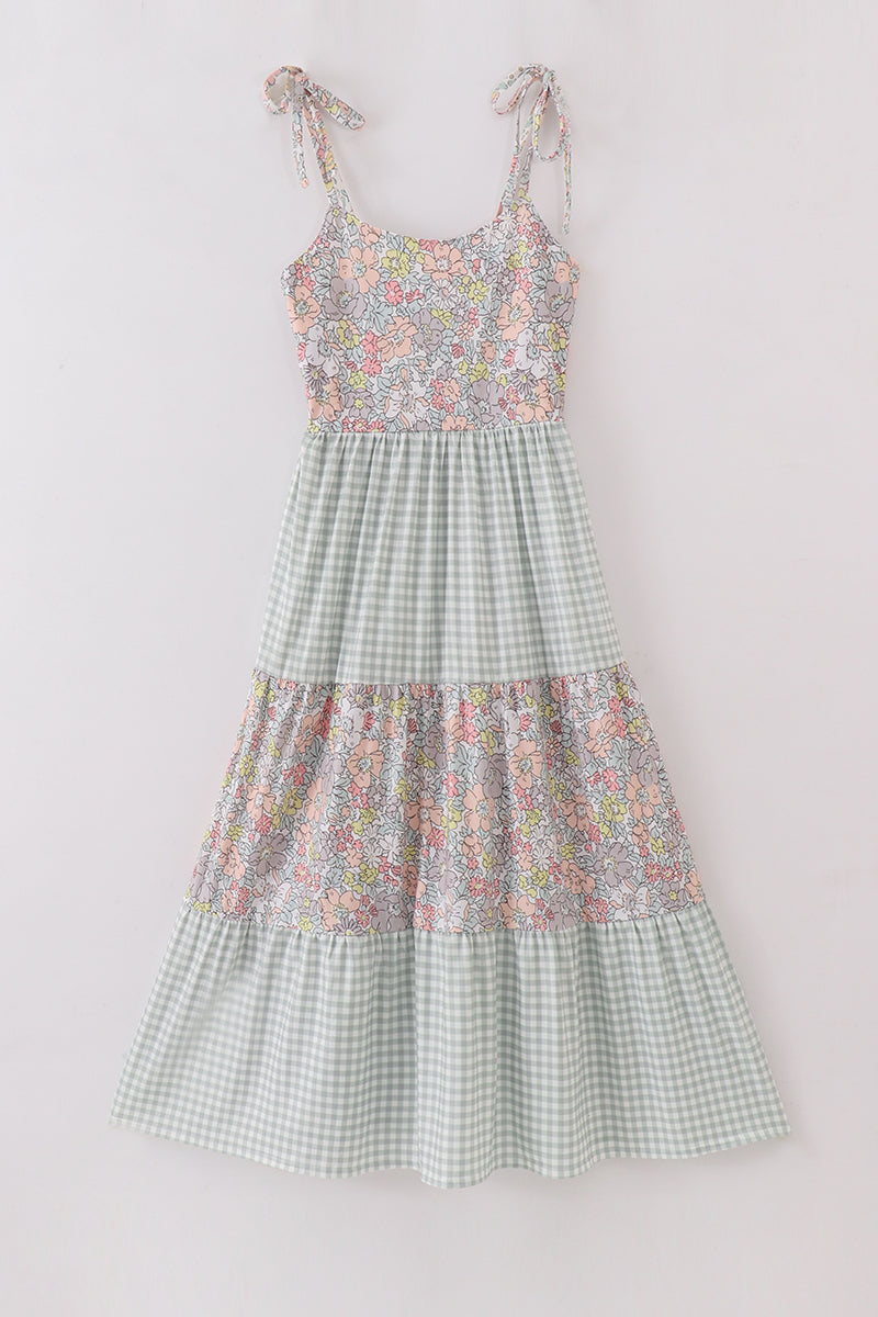 Sage pastel floral harmony mom&me gingham dress - Cloudling Kids Clothing