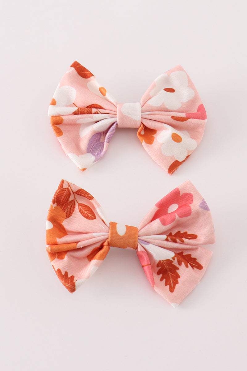Pumpkin floral print 2pc hair bow - Cloudling Kids Clothing