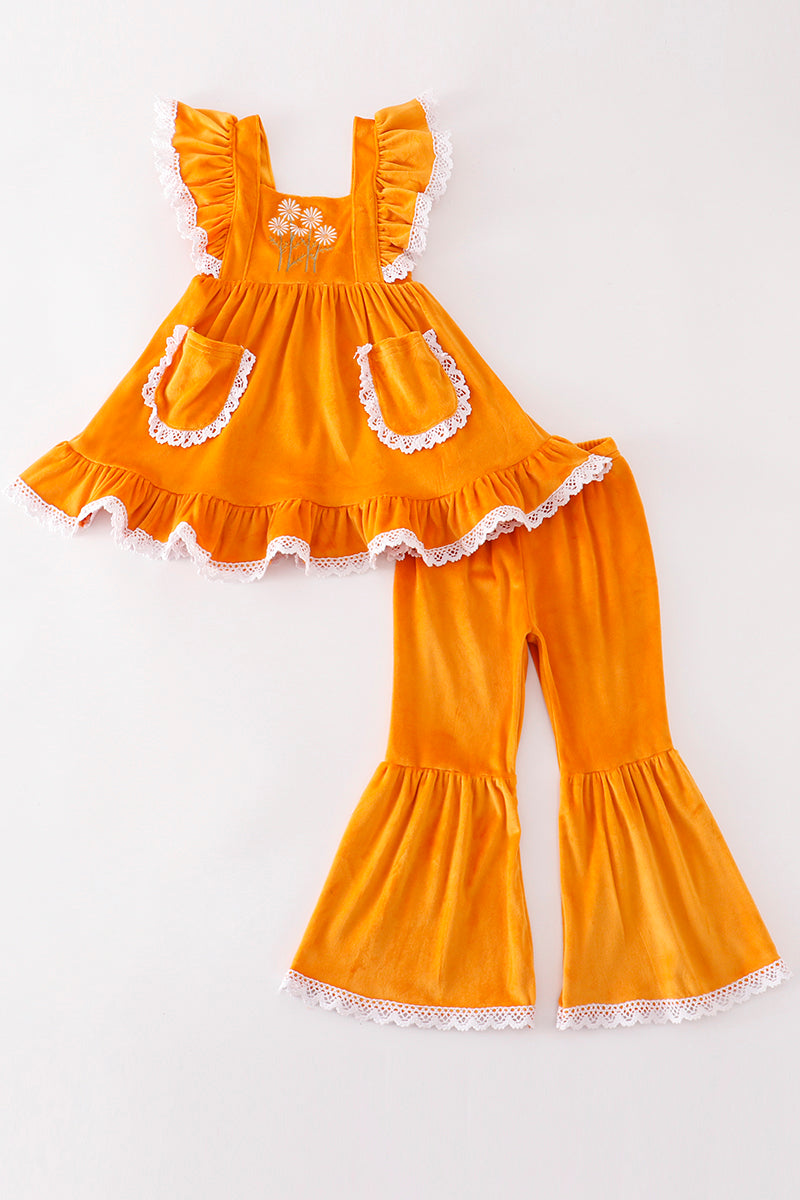 Honey velvet floral embroidery girl set - Cloudling Kids Clothing