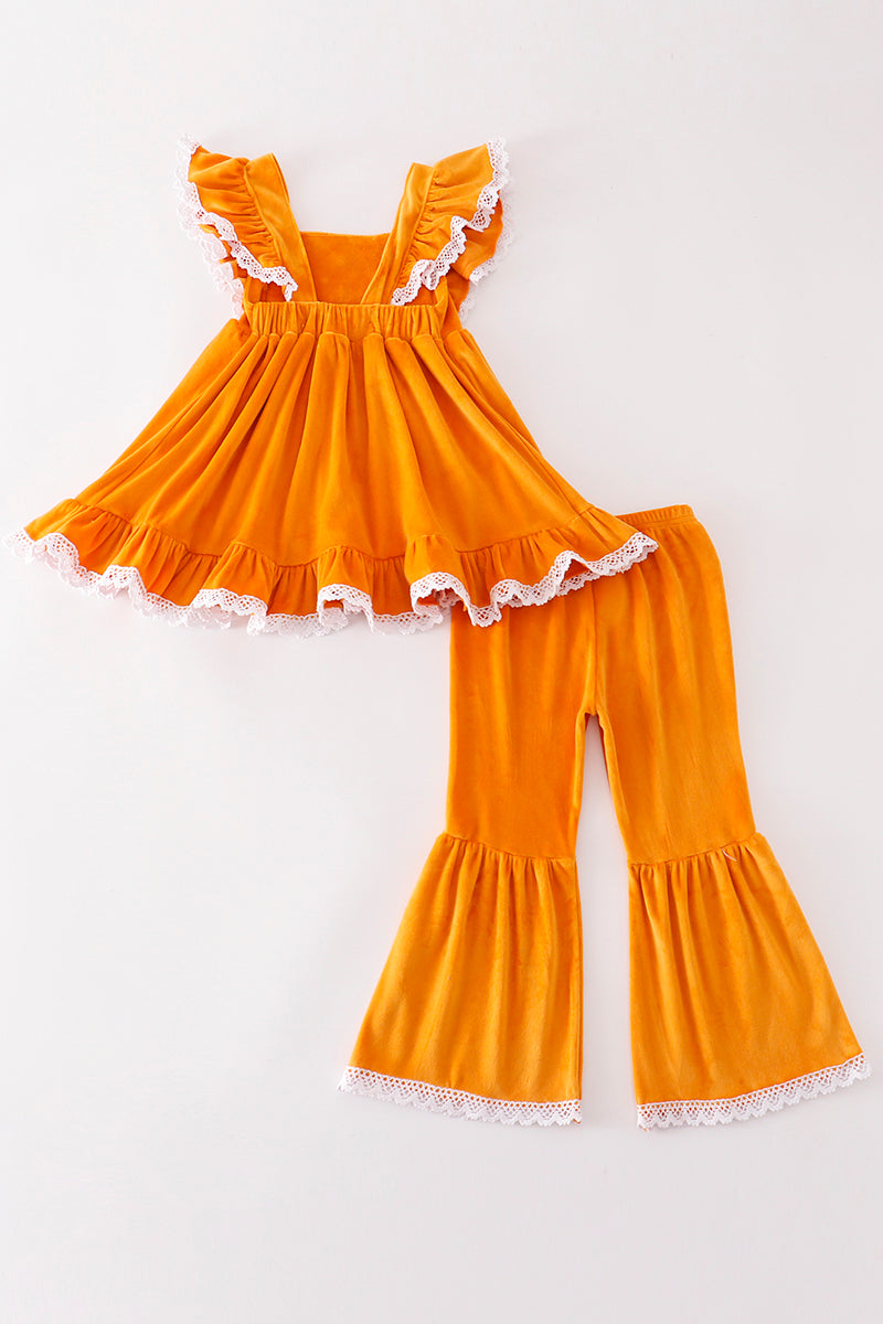 Honey velvet floral embroidery girl set - Cloudling Kids Clothing