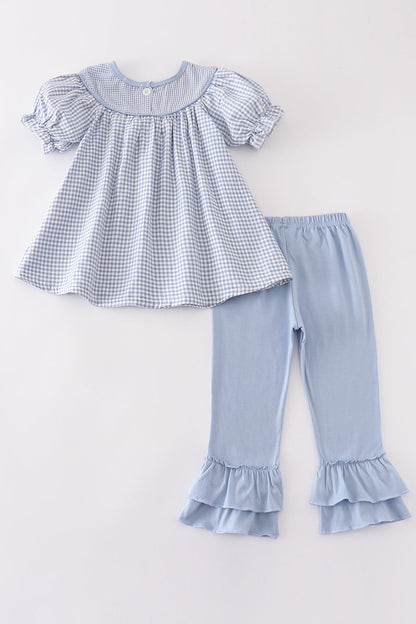 Blue woven check pumpkin embroidery girl set