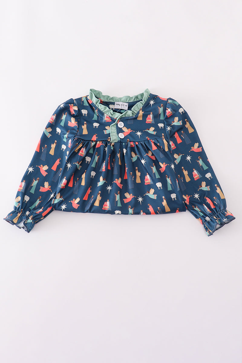 Navy nativity print ruffle gown