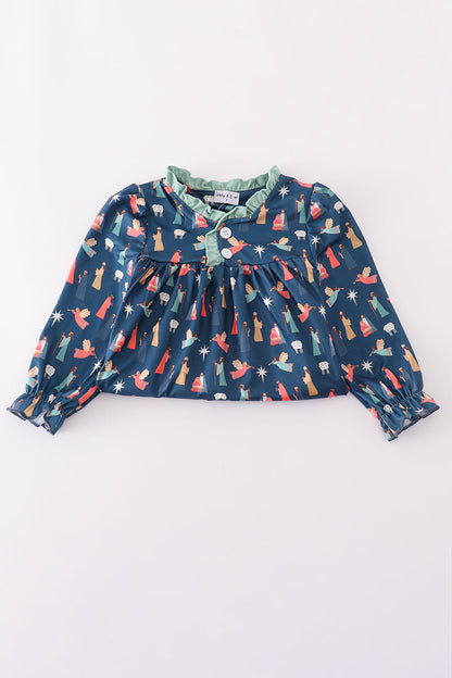 Navy nativity print ruffle gown