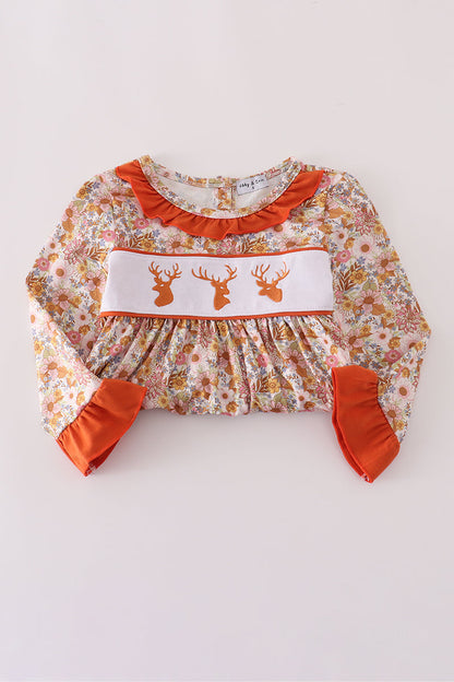 Rust flroal print deer embroidery ruffle dress
