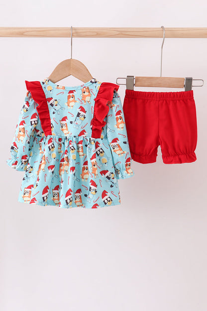 Blue christmas character print bloomer set