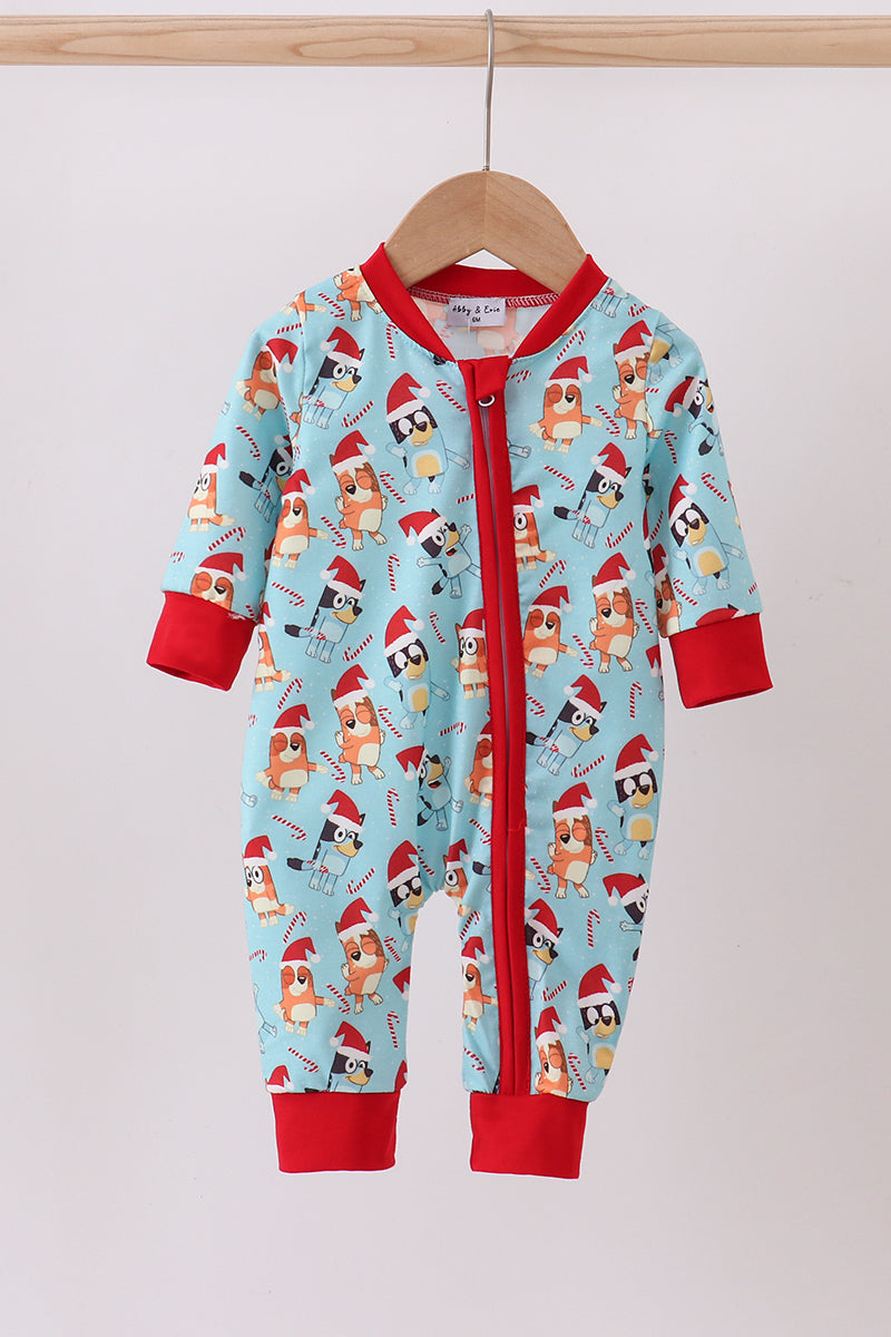 Blue christmas character print romper
