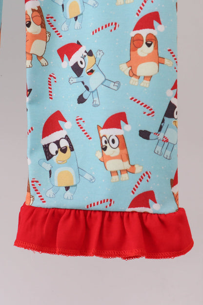 Blue christmas character print pajamas ruffle pants set