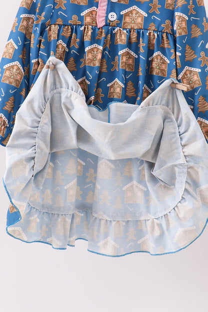 Navy gingerbread print ruffle gown