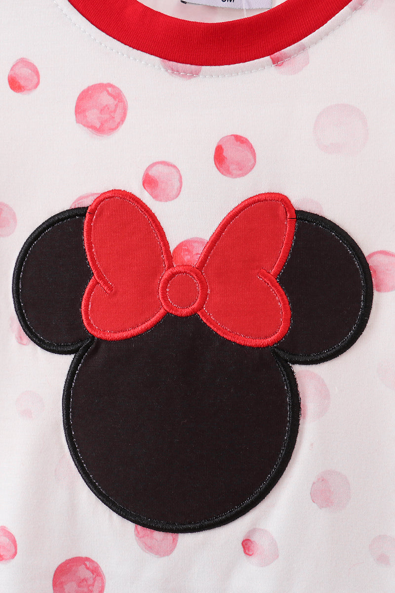 Red polka dot character applique romper