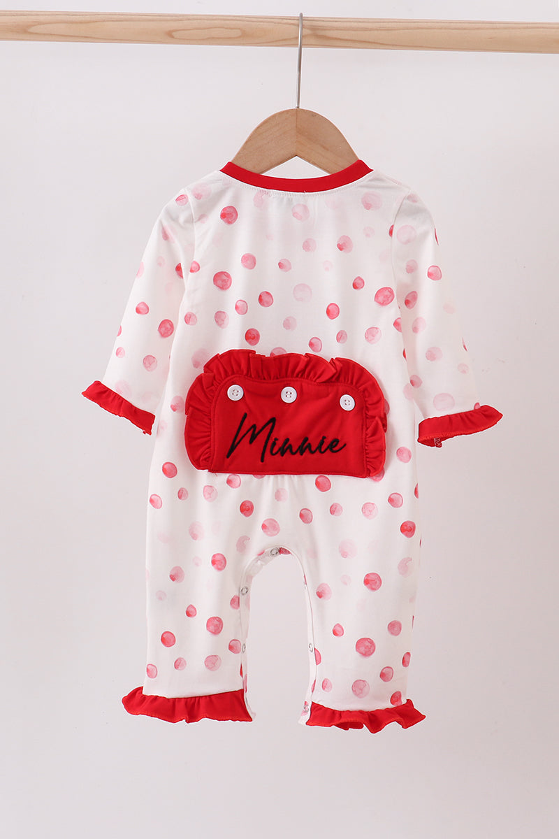 Red polka dot character applique romper