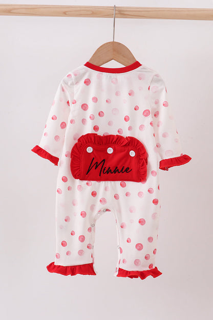 Red polka dot character applique romper