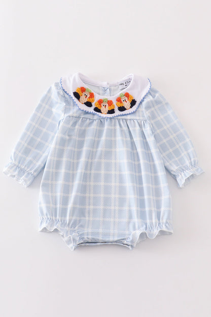 Teal thanksgiving turkey french knot plaid girl bubble