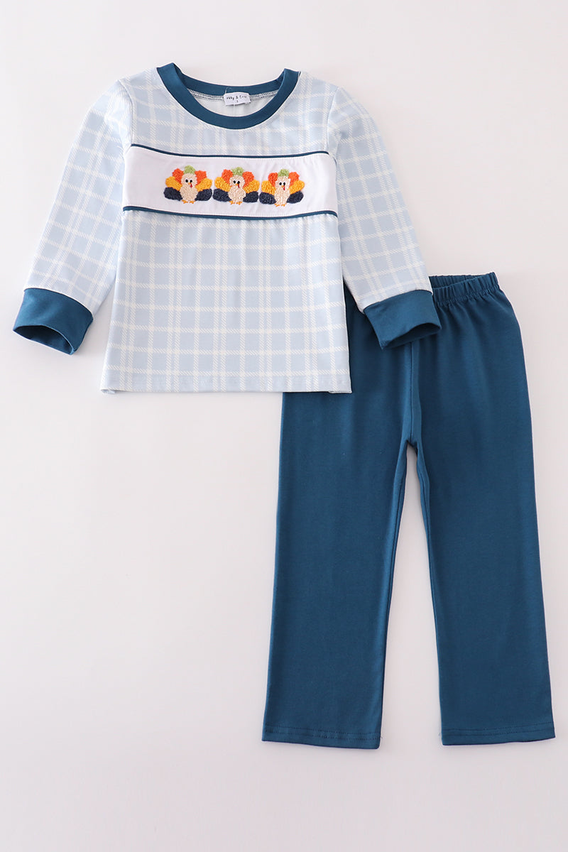 Teal thanksgiving turkey french knot plaid boy set
