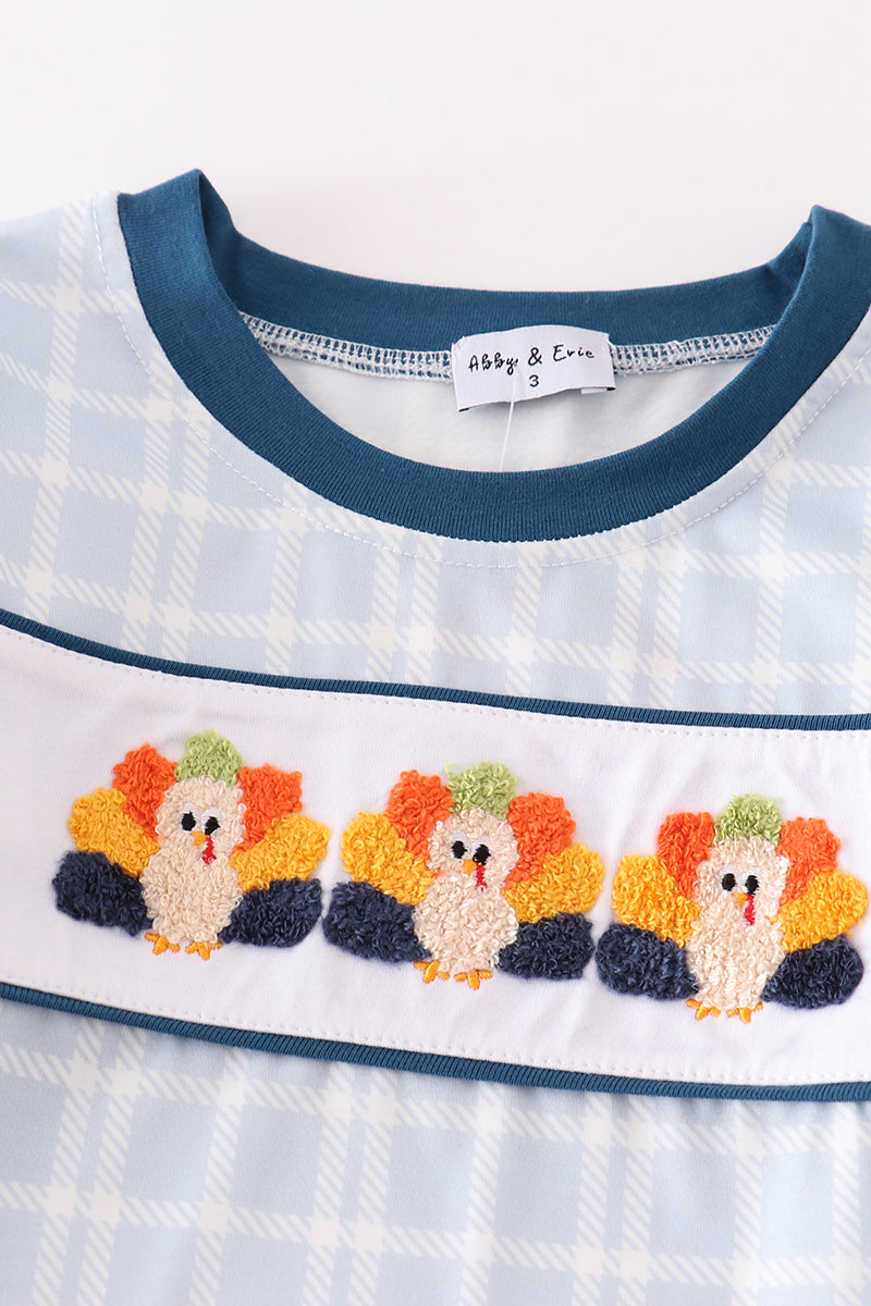 Teal thanksgiving turkey french knot plaid boy set