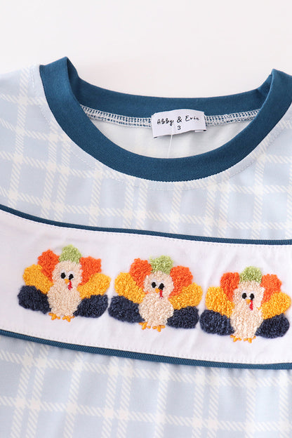 Teal thanksgiving turkey french knot plaid boy set