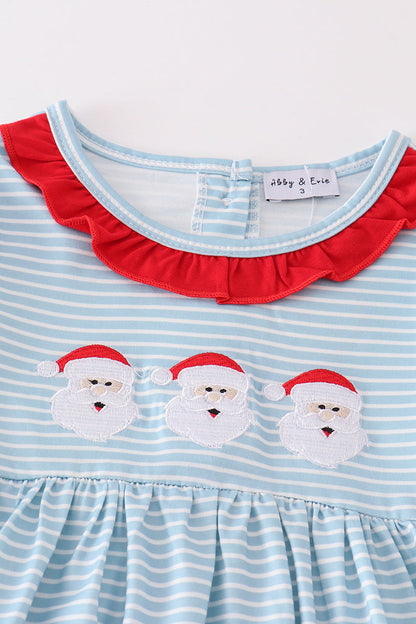 Blue stripe santa claus embroide girl set