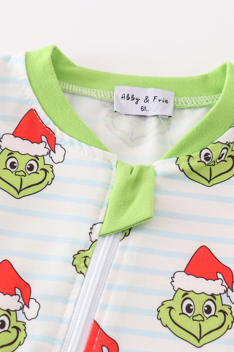 Green striped grinch print Zipper boy romper