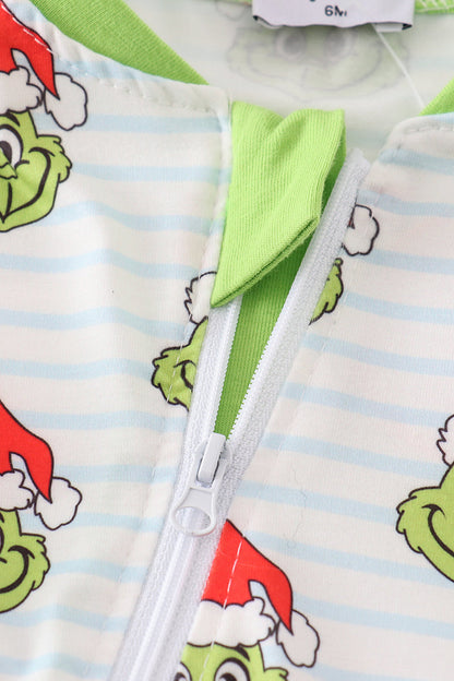 Green striped grinch print Zipper boy romper